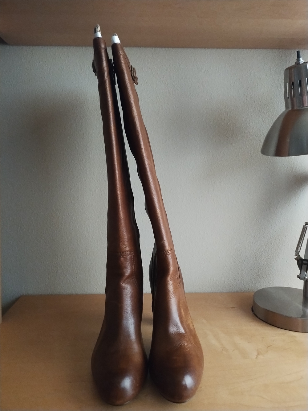 Frye Miranda Zip Leather Knee-High Heeled Boots In Cognac - Picture 8 of 10